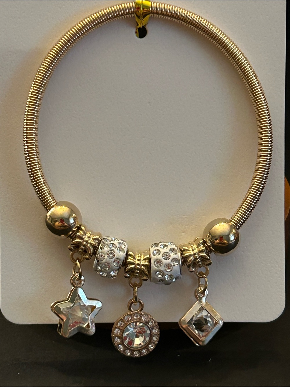 Gold Crystal Charm Stretch Bracelet with Star, Round & Square Drops